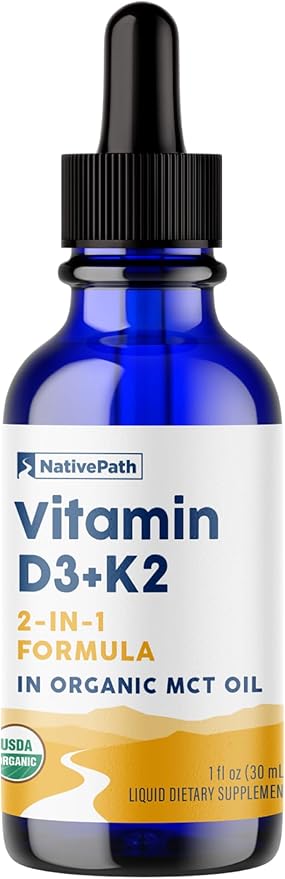 NativePath D3K2 Tincture - 2000IU Vitamin D3 and Vitamin K2 Supplement with Organic MCT Oil - 1 Fluid Ounce - Rapid Bioavailability Multi-Vitamin for Bone Strength and Total Body Wellness, 30 Servings