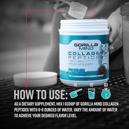 Gorilla Mind Collagen Peptides Powder - Joint & Bone Health/Great for Hair, Skin & Nails/Sleep Support/Types I, II, III/Mix in Water, Juice or a Smoothie - 426g (Mixed Berry)