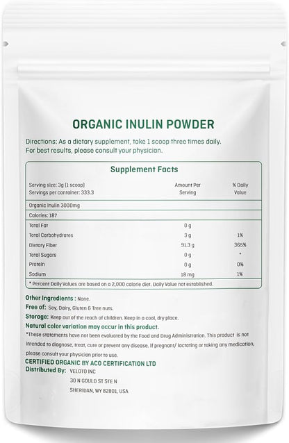 Organic Inulin Powder, Pure Inulin Prebiotic Supplement Natural Soluble Fibers Sweetener for Digestive Function, Unflavored & Unsweetened Superfood for Smoothie, Gluten Free, Vegan, 2.2 lb