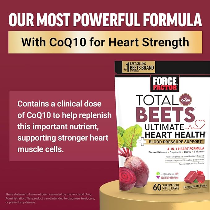 FORCE FACTOR Total Beets Blood Pressure Support Supplement, Beets Supplements with Beets Powder, Great-Tasting Beets Chewables for Heart-Healthy Energy, and Increased Nitric Oxide, 180 Chews, 3-Pack