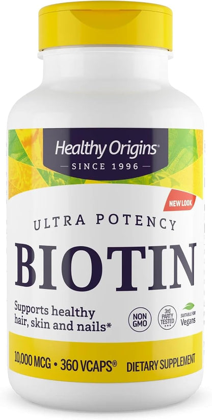 Healthy Origins Biotin 10,000 mcg (USP Grade, Non-GMO, Gluten Free, Hair Support, Nail Support), 360 Veggie Caps