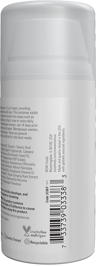 NOW Solutions, Natural Progesterone, Balancing Skin Cream, 20 mg of Natural Progesterone Per Pump, Unscented, 3-Ounce