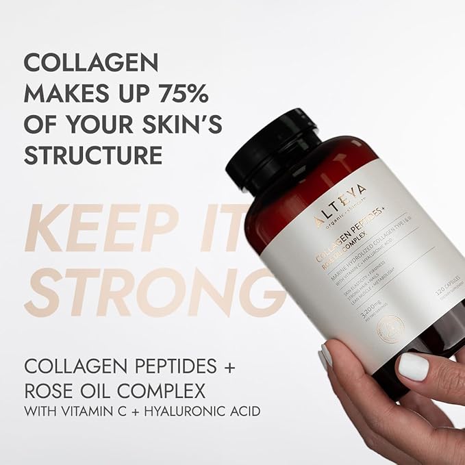 Alteya Organics Collagen Peptides and Rose Oil Complex Dietary Supplement with Marine Hydrolized Collagen Type I & III and Vitamin C + Hyaluronic Acid