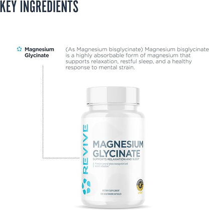 Revive MD Pure Magnesium Glycinate Capsules 200mg High Absorption Supplement for Relaxation & Stress Relief - Organic Memory & Sleep Support Pills for Strong Bones, Normal Nerve & Muscle Function