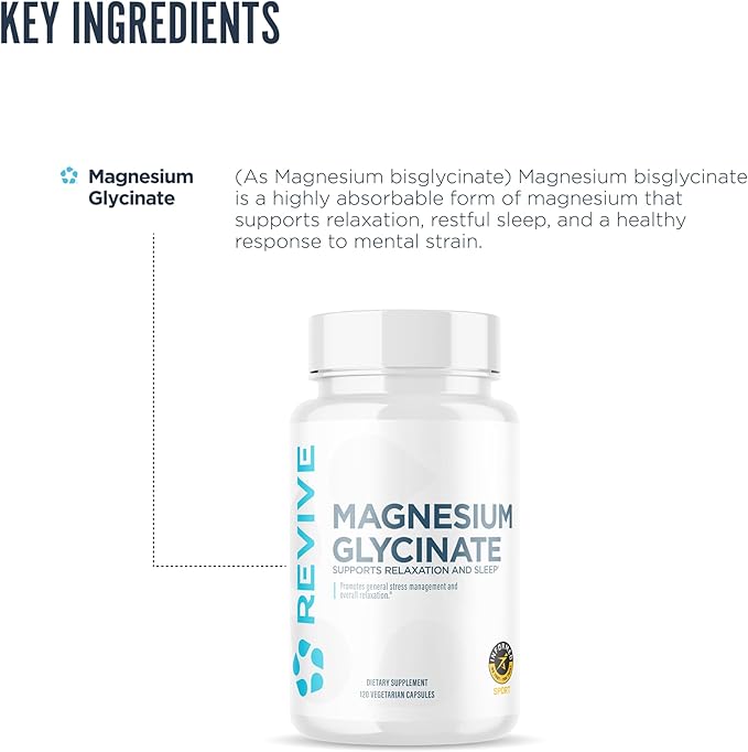 Revive MD Pure Magnesium Glycinate Capsules 200mg High Absorption Supplement for Relaxation & Stress Relief - Organic Memory & Sleep Support Pills for Strong Bones, Normal Nerve & Muscle Function