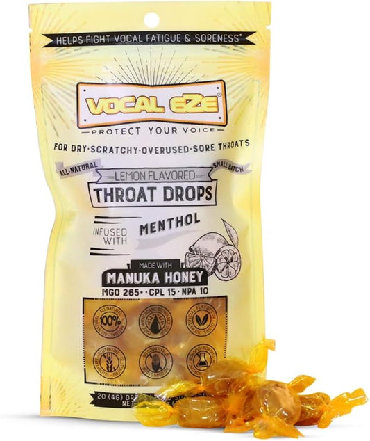 Vocal Eze Manuka Honey Cough Drops | Lozenges to Relieve Sore, Hoarse, Fatigue, Dryness of Throat | Voice Support, All Natural and Organic Ingredients (20, Lemon) UMF 10+ (MGO 265+)