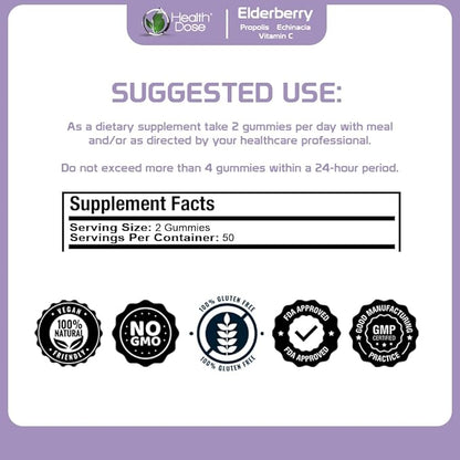 Elderberry Sambucus Gummy Vitamins Kids 100 Gummies. with Propolis Extract, Echinacea, Vitamin C, Yummy Raspberry Flavor, Vegan, Gluten-Free, Defense, Immune Support Booster. Pack of 2