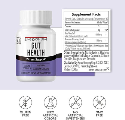 JungKwanJang Gut Health Support with Aloe Vera (833mg) and American Ginseng for Gut Health, Digestion, Immunity, 60 Capsules for Men and Women