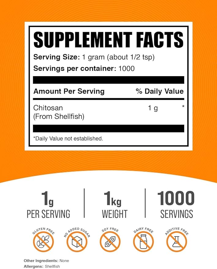 BulkSupplements.com Chitosan Powder - Chitosan 1000mg Supplements - Food Grade & Gluten Free, 1g per Serving, 1kg (2.2 lbs) (Pack of 1)
