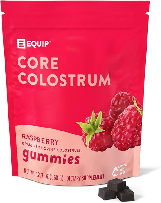 Equip Foods Core Colostrum Gummies | Delicious and Convenient | 1g Ultra-Premium Grass Fed Colostrum Per Serving | Gut Health, Immunity, Hair and Skin | 60 Gummies, 30 Servings, Raspberry