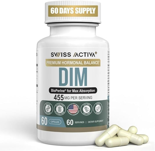 Swiss Activa+ DIM Supplement – New Formula – Hormone Balance for Women & Men – Estrogen Supplement for Women and Men– Supports Hormonal Acne & Menopause Symptoms – 60 Days Supply