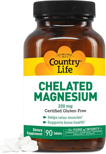 Country Life, Chelated Magnesium 250mg, Supports Bone and Immune Health, Daily Supplement, 90 ct