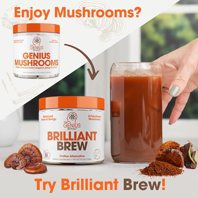 Genius Mushroom Supplement - Full-Spectrum Lion’s Mane, Cordyceps, Reishi -Daily Brain Nootropic for Energy, Focus, Memory & Overall Wellness - 90 Capsules – Organic for Mental Clarity & Performance