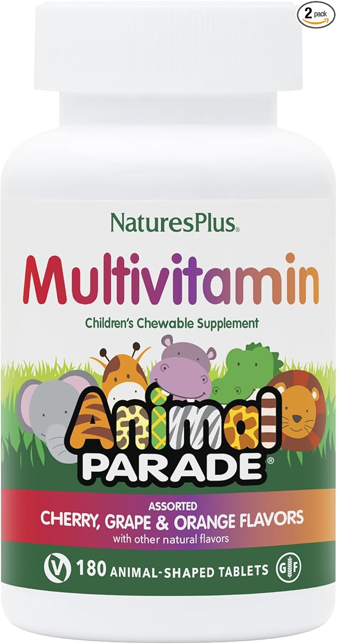 Natures Plus Animal Parade Children's Chewable Multivitamin - 180 Animal-Shaped Tablets, Pack of 2 - Natural Assorted Flavors - Vegan, Gluten Free - 180 Total Servings