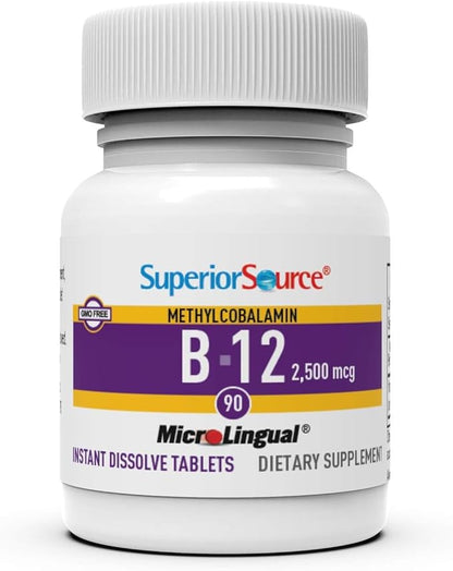 Superior Source No Shot Methylcobalamin B-12 2500 mcg - Vitamin B-12 to Support Energy Production, Brain Health & Overall Wellness - Sublingual Tablets for Quick Absorption - 90 Dissolving Tablets