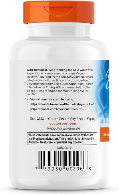 Doctors Best Vegan DHA from Algae, Supports Brain & Cardiovascular Health, Non-GMO, Gluten Free, Soy Free, Vegan 60 Veggie Softgels