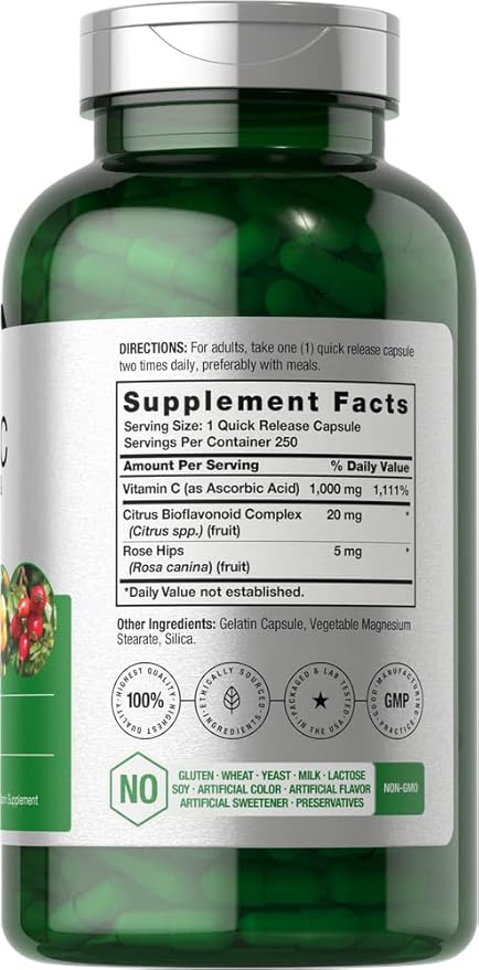 Horbäach Vitamin C 1000mg | 250 Capsules | with Bioflavonoids and Rose HIPS | Non-GMO, Gluten Free Supplement | High Strength Formula