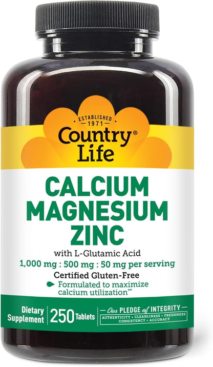 Country Life Calcium Magnesium Zinc with Vitamin D3 and L-Glutamic Acid, Dietary Supplement for Bone Support, Certified Gluten Free, 1000mg/500mg/50mg, 250 Tablets
