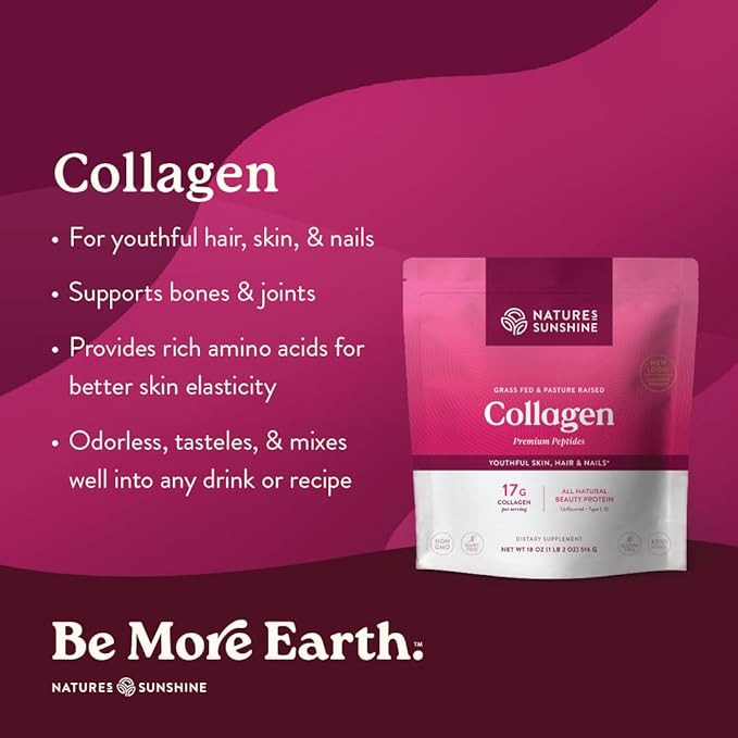 Nature's Sunshine Collagen Powder Type I and III Grass Fed and Pasture Raised Premium Bovine Collagen Peptides 18 Oz