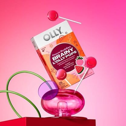 OLLY Focus Buddies L’OLLY Pops, Omega-3 ALA, B6, B12, Cognizin®, Kids Supplement Lollipops to Supports Focused Attention & Healthy Brain Function, Vegetarian, Watermelon Strawberry, 25 Count