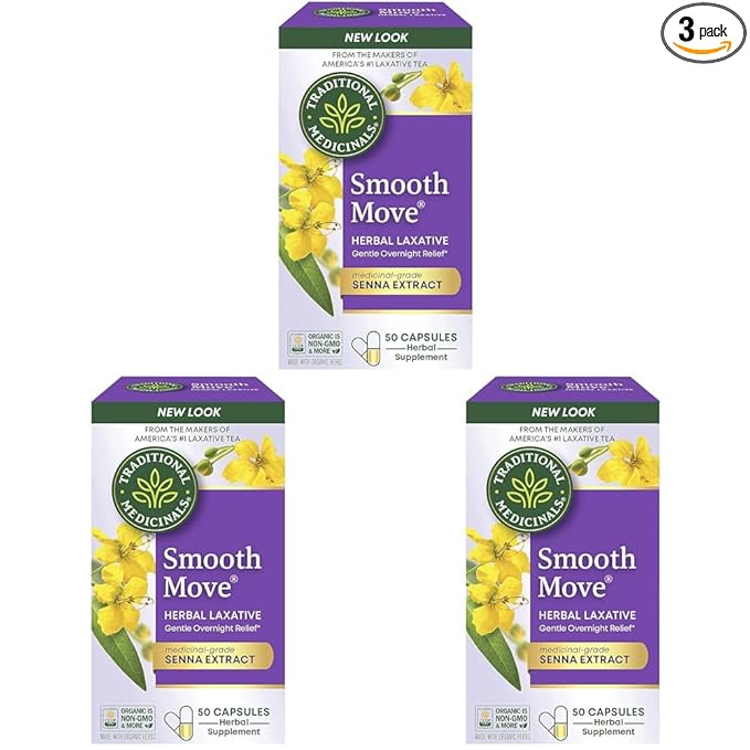 Traditional Medicinals - Smooth Move Laxative Capsules - Contains Organic Senna - Natural Herbal Constipation Relief - 50 Capsules (3 Pack)
