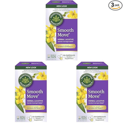 Traditional Medicinals - Smooth Move Laxative Capsules - Contains Organic Senna - Natural Herbal Constipation Relief - 50 Capsules (3 Pack)