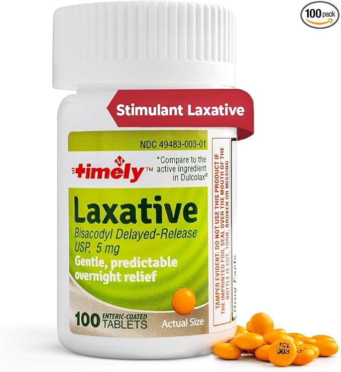 Timely Laxative Bisacodyl 5mg Tablets - Stimulant Laxatives for Constipation Fast Acting & Gentle - Overnight Constipation Relief for Adults - Compare to Active Ingredients in Dulcolax - 100 Tablets