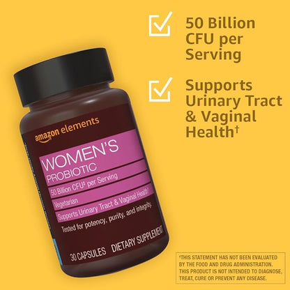 Amazon Elements One Daily Women's Probiotic, Support Urinary Tract and Vaginal Health, 50 Billion CFU (7 strains), Lactobaccilus and Bifidobacteria blend, 30 Capsules
