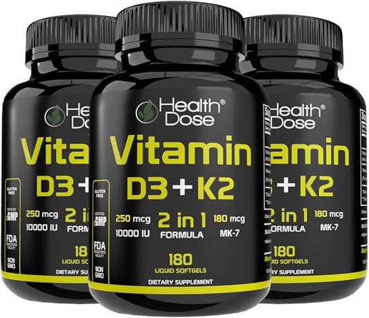 Vitamin D3 10,000 IU + K2 (MK7) Supplement, 2-in-1 Formula, Immune Support, a Healthy Mood, Heart, Joint, Teeth, Bone Health, Calcium Absorption, 180 softgels. (3)