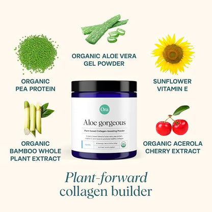 Ora Organic Vegan Collagen-Boosting Powder for Women and Men - Hair, Skin, & Nails Support - Bamboo Silica, Plant-Based Protein, Organic Vitamin C, Aloe Vera - Vanilla Flavor, 20 Servings