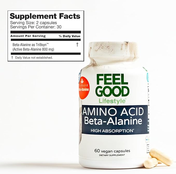Beta-Alanine Capsules -Amino Acid - 3200mg Equivalent Dose - Prevent Muscle Loss - Brain Health - Joint Health - Heart Health - High Absorption- 30 Servings - Feelgood Lifestyle