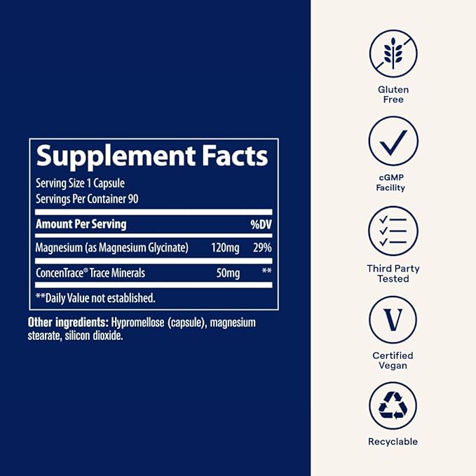 Trace Minerals Magnesium Glycinate 120mg - Bone Strength & Muscle Support - Magnesium Supplement to Aid Healthy Sleep Patterns & Relaxation - Support Nerve Function - 90 Capsules (90 Servings)