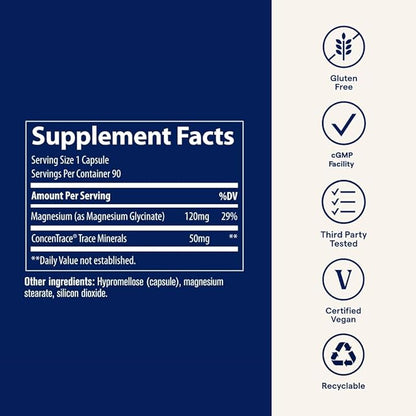 Trace Minerals Magnesium Glycinate 120mg - Bone Strength & Muscle Support - Magnesium Supplement to Aid Healthy Sleep Patterns & Relaxation - Support Nerve Function - 90 Capsules (90 Servings)