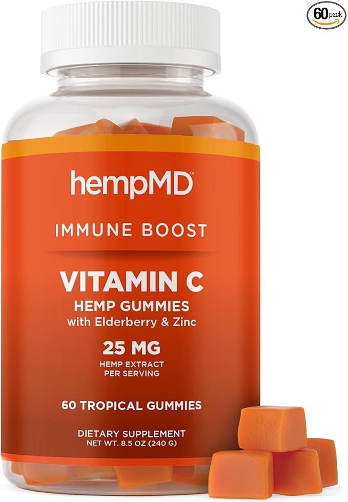 1500 mg Vitamin C Immunity Gummies - Relax and take Care of Your Immune Health. Infused with Citrus Burst Flavor with 25mg Hemp Extract, Vitamin D, E, Elderberry, Zinc 60 Ct