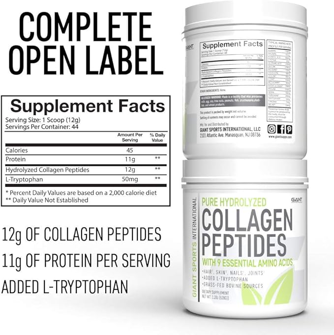 Giant Sports Collagen Peptide Powder - Hydrolyzed Complete All Essential Amino Acids with L-Tryptophan, Great for Skin, Hair, Nails, Bones, Joints - Grass Fed Pasture Raised Type 1 Type 3-1 LB