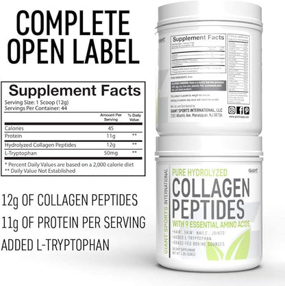 Giant Sports Collagen Peptide Powder - Hydrolyzed Complete All Essential Amino Acids with L-Tryptophan, Great for Skin, Hair, Nails, Bones, Joints - Grass Fed Pasture Raised Type 1 Type 3-1 LB