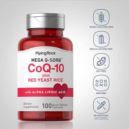 Piping Rock CoQ10 with Red Yeast Rice | 100 Capsules | with Alpha Lipoic Acid | Non-GMO, Gluten Free Supplement