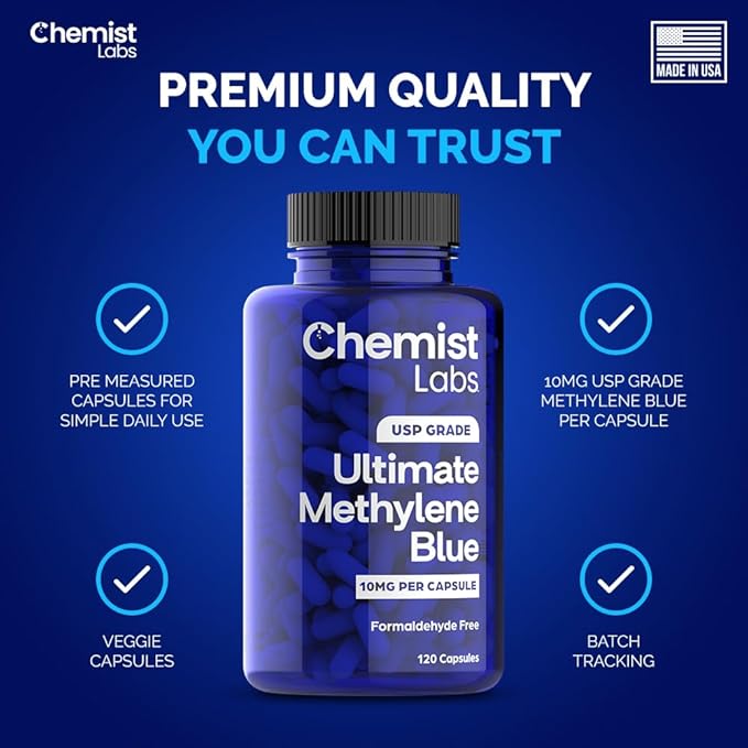 Methylene Blue | 10mg USP Grade Capsules | 120 Count | Pharmaceutical Grade | Cellular & Mitochondrial Support | Formaldehyde Free | Made in USA (120 Capsules)