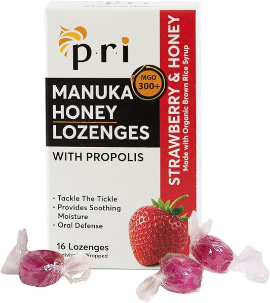 P.R.I Manuka Honey Lozenges with Propolis, Soothing Cough and Throat Drops, MGO 300+ Certified (Strawberry, 16 Count)