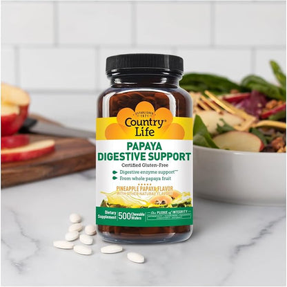 Country Life Chewable Papaya Enzymes for Digestion Support - Natural Pineapple & Papaya Flavor, Assists with Nutrient Absorption, Contains Papain & Protease - 200 and 500 Wafers Available