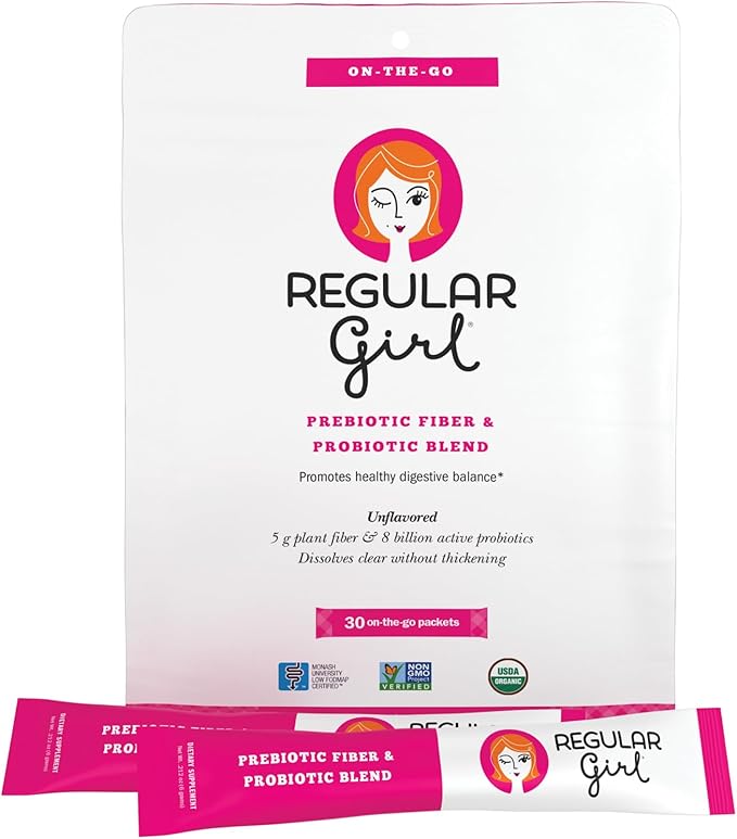Regular Girl Organic Powder, Prebiotic Fiber Supplement and Probiotics for Women, Low FODMAP, 30 On-The-Go Packets, Unflavored, 30 Serving Packets