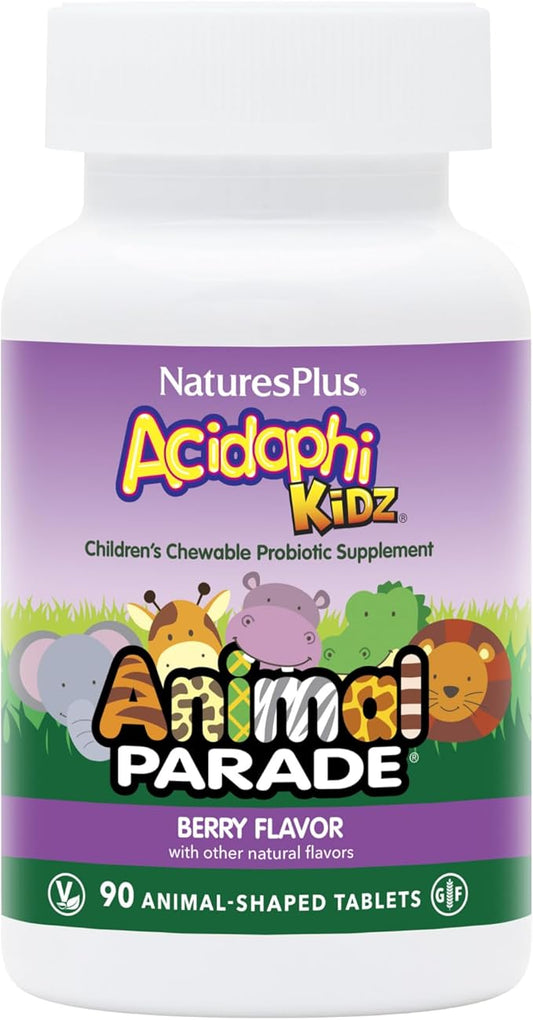 Natures Plus Animal Parade AcidophiKidz, Berry Flavor - 90 Chewable, Animal-Shaped Tablets - with Probiotics, FOS & Grape Seed - 90 Total Servings