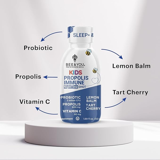 Bee and You Kids Propolis Immune Night Time Shot - Probiotic, Lemon Balm, Tart Cherry, Sleep Support, Immune Support, Gut Health 1.69 Fl. oz, 12 Pack