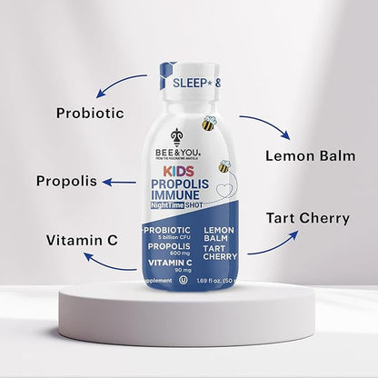 Bee and You Kids Propolis Immune Night Time Shot - Probiotic, Lemon Balm, Tart Cherry, Sleep Support, Immune Support, Gut Health 1.69 Fl. oz, 12 Pack