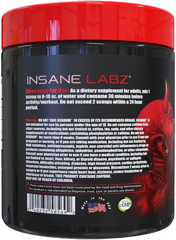 Insane Labz Redrum High Stim Pre Workout NO Booster Powder, Loaded with Beta Alanine Agmatine Sulfate Taurine Fueled by AMPiberry, OXYgold,Focus Strength Recovery,25 Srvgs Devil's Blood Black Cherry