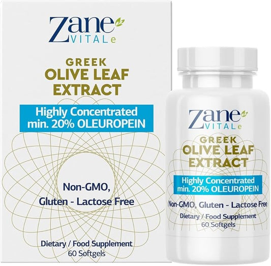 Zane Greek Olive Leaf Extract - min. 20% Oleuropein - Provides Immune and Healthy Blood Pressure Support, Promotes Cardiovascular System Health - 60 Capsules Non-GMO, Gluten - Lactose – Paraben Free