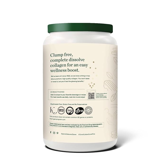 Great Lakes Wellness Bovine Collagen Peptides Powder for Skin, Hair, Nails, Joints & Digestion - Unflavored - Quick Dissolve Hydrolyzed, Wild Caught, MSC Certified, Non-GMO, Kosher - 32 oz