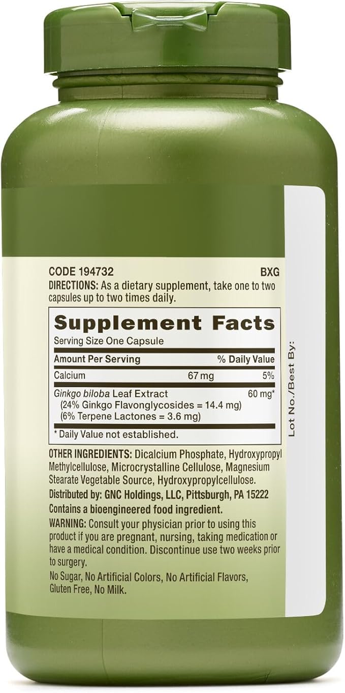 GNC Herbal Plus Ginkgo Biloba 60mg Supplement, Vegetarian, Supports Mental Sharpness, 300 Servings
