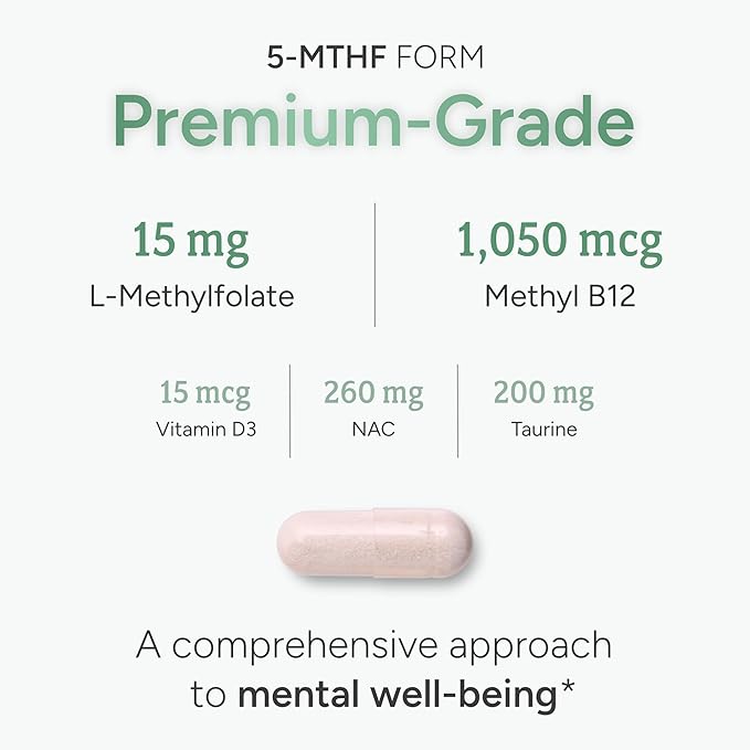 L-Methylfolate 15mg plus Methyl B12, D3, Taurine & NAC | 5-MTHF (Bioactive B9) Premium-Grade | Methylated Vitamins to Support Mood, Nerve Health & Methylation* | Methylfolate Supplement | 60 Capsules