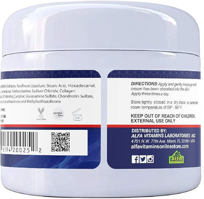 ALFA VITAMINS Alflexil Glucosamine Plus Chondroitin Cream with MSM & Collagen, Supports Healthy Joints, Joint & Muscle Pain Relief, Improves Mobility, Fast Absorption, and Moisturizes Skin, 4 Oz.